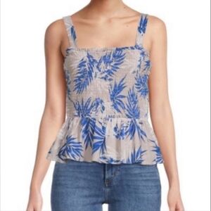 NWT BCBGMAXAZRIA Linen Blend Smocked Peplum Blouse Size Small Cottagecore Beach